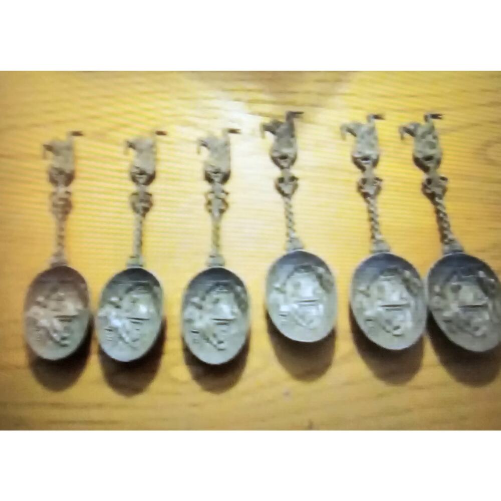 Rare Antique Pewter Spoons By Jan Steen - Storks Tavern Scene Set Of 6 Spoons